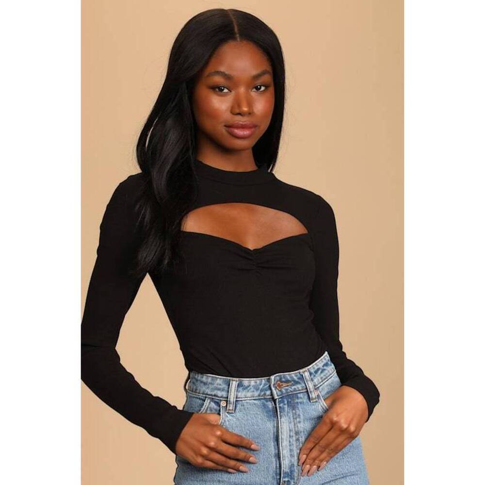 Lulus Flirty Factor Black Ribbed Long Sleeve Cutout Bodysuit - Size L